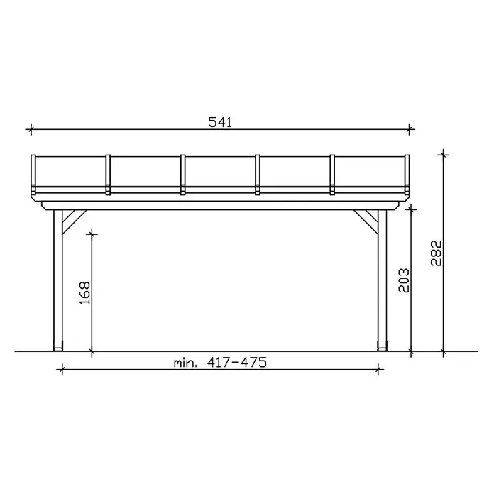 SKAN HOLZ Terrassenüberdachung Ancona - B x T: 541 x 350 cm, Anthrazit, Polycarbonat, Transparent - Technische Zeichnung einer erhöhten Plattform mit Stützpfosten und Geländer, mit Maßen.