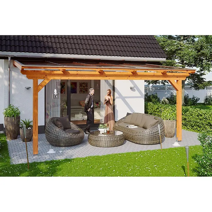 SKAN HOLZ Terrassenüberdachung Ancona - B x T: 541 x 350 cm, Eiche hell, Polycarbonat, Transparent - Hölzerne Pergola mit transparentem Dach als überdachter Terrassenbereich am Haus mit Gartenmöbeln.