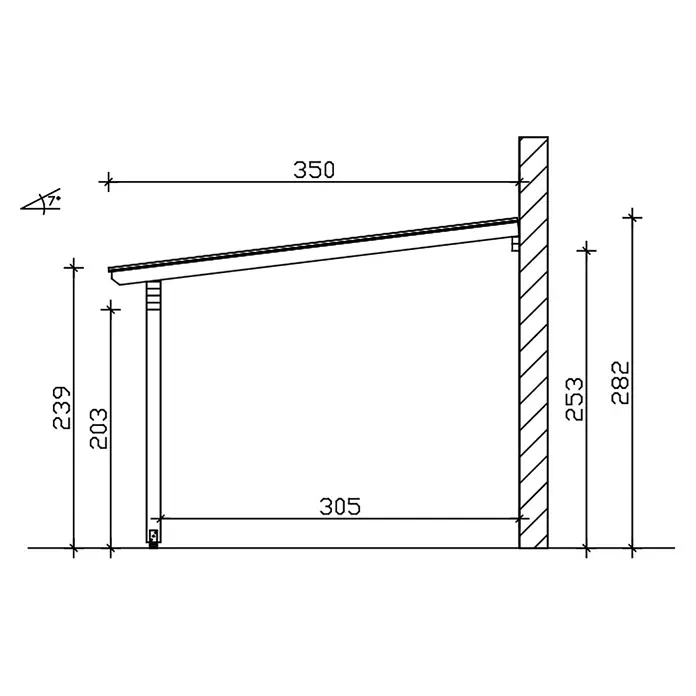 SKAN HOLZ Terrassenüberdachung Ancona - B x T: 648 x 350 cm, Eiche hell, Polycarbonat, Transparent - Technische Zeichnung einer Pultdachkonstruktion mit Maßen und 7-Grad-Neigung.