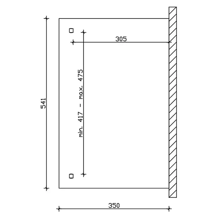 SKAN HOLZ Terrassenüberdachung Ancona - B x T: 541 x 350 cm, Anthrazit, Polycarbonat, Transparent - Technische Zeichnung mit Maßen für ein rechteckiges Wandmontageelement: 350x541mm, mit Befestigungslochpositionen und -bereichen.