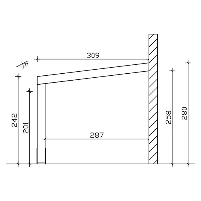 SKAN HOLZ Terrassenüberdachung Novara - B x T: 450 x 309 cm, Schiefergrau, Polycarbonat, Transparent - Technische Zeichnung einer schrägen Überdachung oder eines Regals mit Maßen und 7-Grad-Neigung.