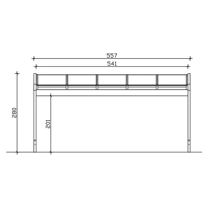 SKAN HOLZ Terrassenüberdachung Novara - B x T: 557 x 309 cm, Nussbaum, Polycarbonat, Transparent - Technische Zeichnung eines Hochbettrahmens mit Sicherheitsgeländern und Maßangaben.