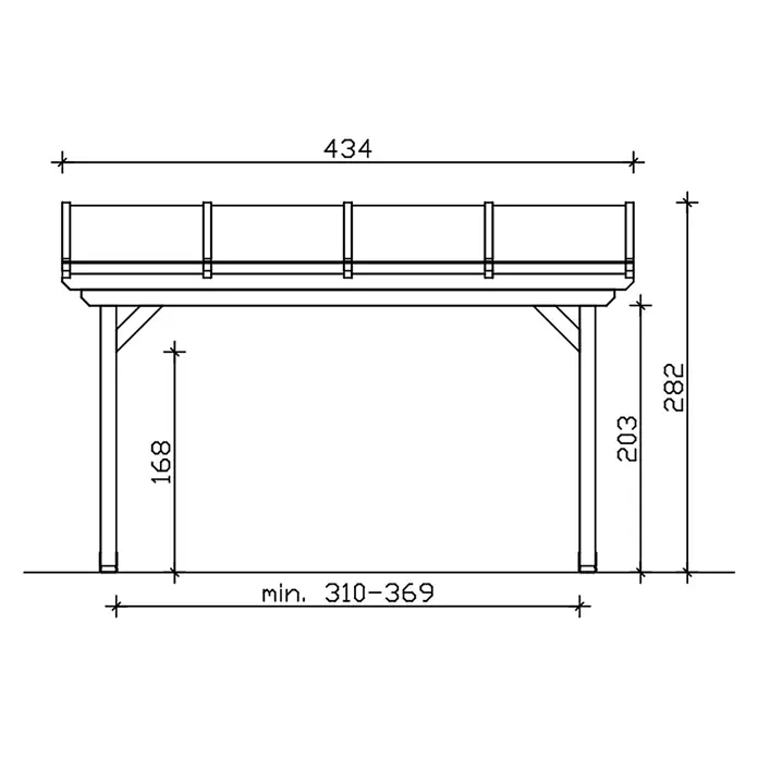 SKAN HOLZ Terrassenüberdachung Ancona - B x T: 434 x 350 cm, Anthrazit, Polycarbonat, Transparent - Technische Zeichnung einer erhöhten Plattform mit Geländer, die Gesamtbreite, Höhe und Basisabmessungen zeigt.