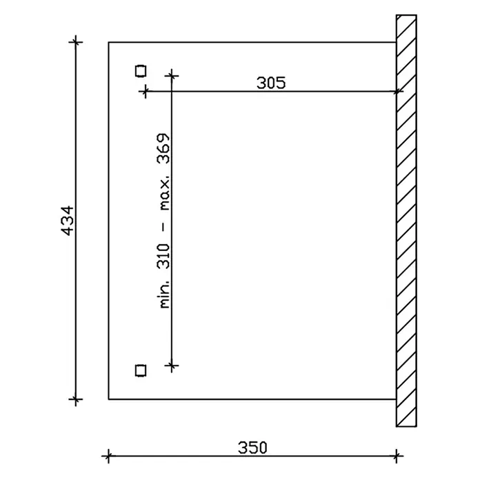 SKAN HOLZ Terrassenüberdachung Ancona - B x T: 434 x 350 cm, Anthrazit, Polycarbonat, Transparent - Technisches Diagramm mit Abmessungen 434x350 mm, zeigt zwei quadratische Befestigungspunkte mit vertikalem Abstand min. 310 bis max. 369 mm.