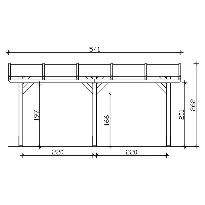 SKAN HOLZ Terrassenüberdachung Siena - B x T: 541 x 300 cm, Weiß, Polycarbonat, Transparent - Technische Zeichnung einer erhöhten Holzplattformstruktur mit Maßen, die Stützpfosten, Gesamthöhe und Länge zeigt.
