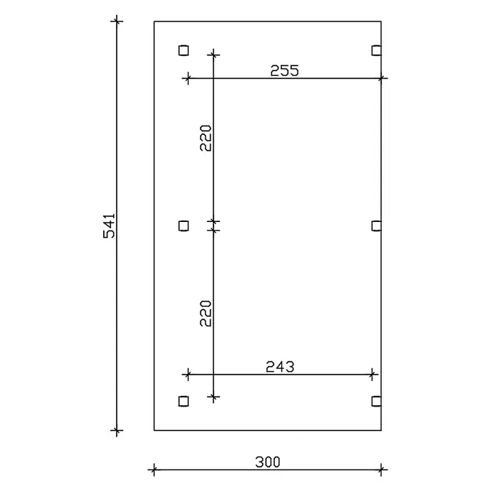 SKAN HOLZ Terrassenüberdachung Siena - B x T: 541 x 300 cm, Weiß, Polycarbonat, Transparent - Technische Zeichnung einer rechteckigen Platte, Maße 541x300, mit sechs quadratischen Bohrungen und detaillierten Positionsmaßen.