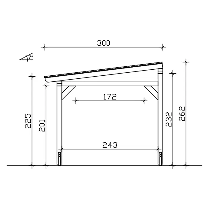 SKAN HOLZ Terrassenüberdachung Siena - B x T: 648 x 300 cm, Schiefergrau, Polycarbonat, Transparent - Technische Zeichnung einer hölzernen Pultdachkonstruktion mit 7 Grad Dachneigung und Maßen.