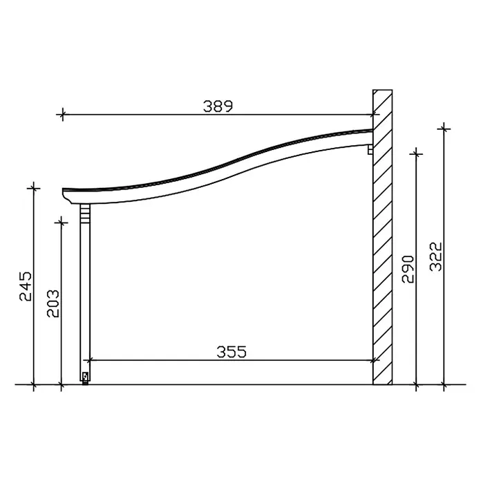 SKAN HOLZ Terrassenüberdachung Verona - B x T: 434 x 389 cm, Eiche hell, Polycarbonat, Transparent - Seitenansicht einer geschwungenen, wandmontierten Regalstütze mit Vorderbein und Maßen.