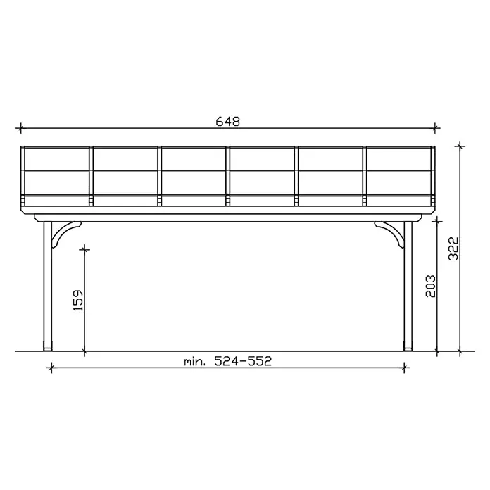 SKAN HOLZ Terrassenüberdachung Verona - B x T: 648 x 389 cm, Schiefergrau, Polycarbonat, Transparent - Technisches Zeichnung einer erhöhten Plattform mit Geländer und Stützpfosten, Maße darstellend.