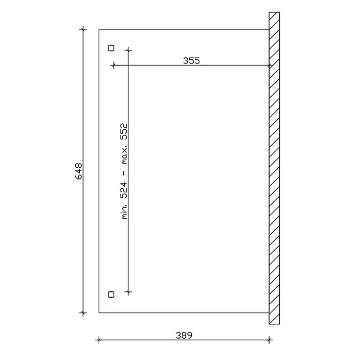 SKAN HOLZ Terrassenüberdachung Verona - B x T: 648 x 389 cm, Schiefergrau, Polycarbonat, Transparent - Technische Zeichnung mit Montageabmessungen für eine rechteckige Platte, zeigt Gesamtgröße und verstellbare Positionen für zwei quadratische Befestigungslöcher.