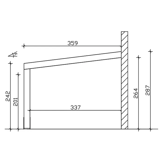 SKAN HOLZ Terrassenüberdachung Novara - B x T: 450 x 359 cm, Schiefergrau, Polycarbonat, Transparent - Technische Zeichnung einer Pultdachkonstruktion mit Maßen, die einen 7-Grad-Winkel zeigt, auf Pfosten gestützt und an einer Wand befestigt.