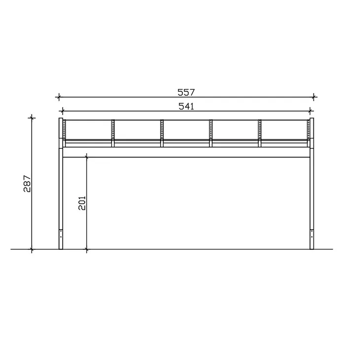 SKAN HOLZ Terrassenüberdachung Novara - B x T: 557 x 359 cm, Nussbaum, Polycarbonat, Transparent - Technischer Zeichnung eines Hochbettgestells mit Maßen: 557x287 (gesamt), 201 (Unterbetthöhe).