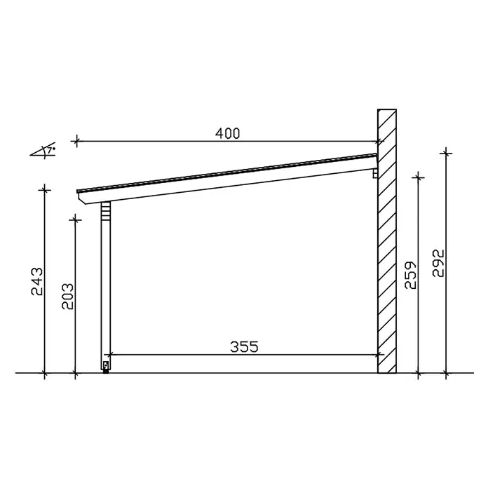 SKAN HOLZ Terrassenüberdachung Ancona - B x T: 648 x 400 cm, Nussbaum, Polycarbonat, Transparent - Technische Zeichnung einer Anlehn-Dachkonstruktion mit schrägem Dach, Pfosten und Wandbefestigung, inklusive Hauptmaßen.