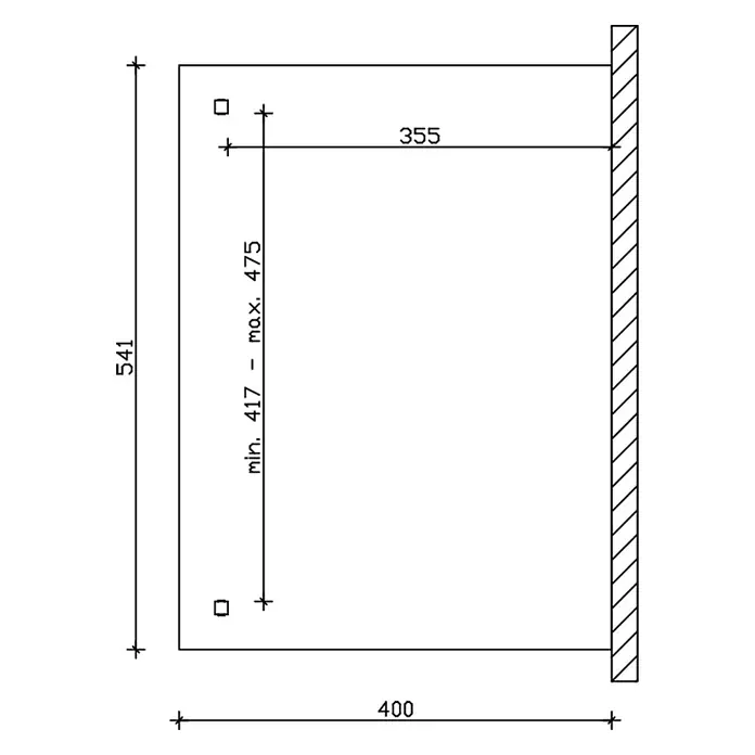 SKAN HOLZ Terrassenüberdachung Ancona - B x T: 541 x 400 cm, Eiche hell, Polycarbonat, Transparent - Technische Zeichnung mit Maßen für ein rechteckiges Produkt: 541x400 mm, Befestigungslöcher min. 417 - max. 475, 355 mm Tiefe.