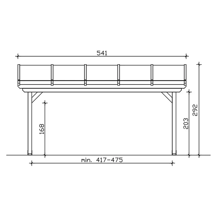 SKAN HOLZ Terrassenüberdachung Ancona - B x T: 541 x 400 cm, Eiche hell, Polycarbonat, Transparent - Technische Zeichnung einer erhöhten rechteckigen Plattform mit Geländer und Stützbeinen, mit Hauptmaßen.