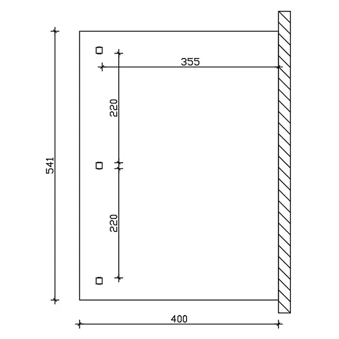 SKAN HOLZ Terrassenüberdachung Andria - B x T: 541 x 400 cm, Schiefergrau, Polycarbonat, Transparent - Technische Zeichnung einer rechteckigen Montageplatte, 541x400 mm, mit drei quadratischen Befestigungslöchern und deren Positionen.