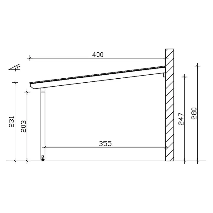 SKAN HOLZ Terrassenüberdachung Andria - B x T: 541 x 400 cm, Schiefergrau, Polycarbonat, Transparent - Technische Zeichnung einer Anlehnkonstruktion mit Maßen und 7 Grad Dachneigung.