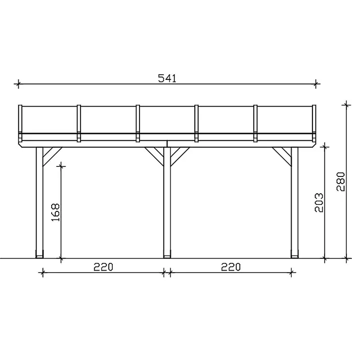 SKAN HOLZ Terrassenüberdachung Andria - B x T: 541 x 400 cm, Schiefergrau, Polycarbonat, Transparent - Technische Zeichnung einer Holzträgerkonstruktion mit Geländer, auf Pfosten, mit Maßen.