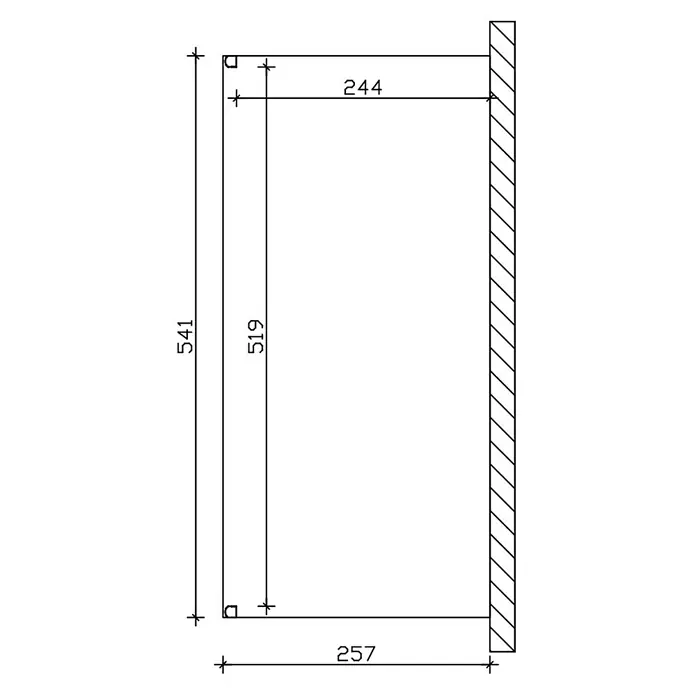 SKAN HOLZ Terrassenüberdachung Genua - B x T: 541 x 257 cm, Weiß, Polycarbonat, Transparent - Technische Zeichnung einer rechteckigen Öffnung oder eines Rahmens mit Höhen- und Breitenmaßen.