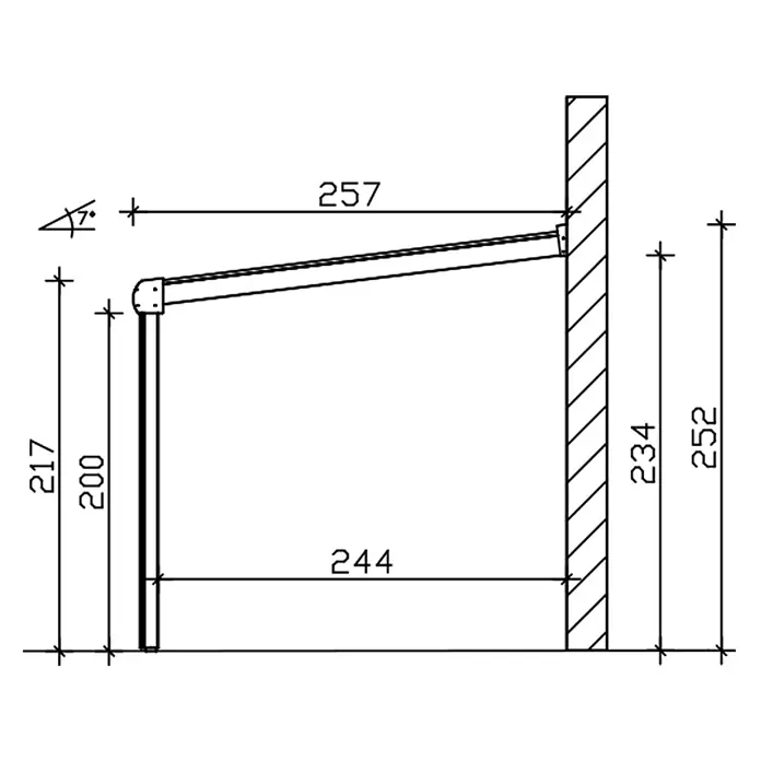 SKAN HOLZ Terrassenüberdachung Genua - B x T: 541 x 257 cm, Weiß, Polycarbonat, Transparent - Wandmontierte Stützstruktur mit vertikaler Säule und angewinkeltem Arm, detailliert mit Maßen und 7-Grad-Neigung.