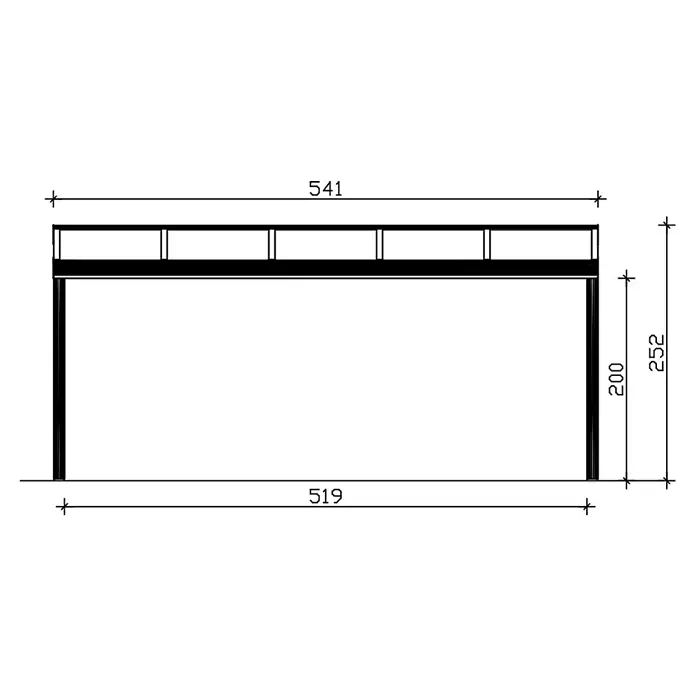 SKAN HOLZ Terrassenüberdachung Genua - B x T: 541 x 257 cm, Weiß, Polycarbonat, Transparent - Technische Zeichnung eines rechteckigen Plattformrahmens mit Geländer und Stützen, inklusive Hauptabmessungen.