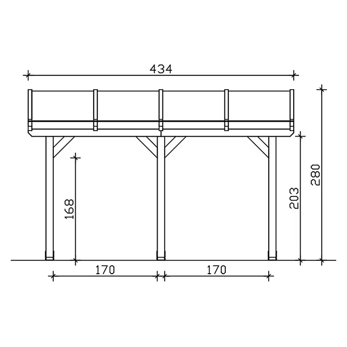 SKAN HOLZ Terrassenüberdachung Andria - B x T: 434 x 400 cm, Eiche hell, Polycarbonat, Transparent - Technische Zeichnung einer erhöhten Holzplattform mit Geländer und Stützpfosten, Maße angezeigt.