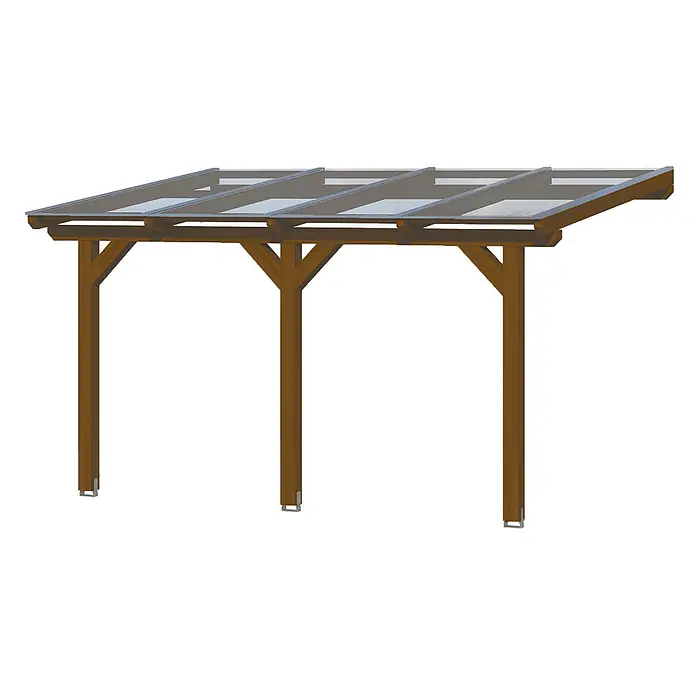 SKAN HOLZ Terrassenüberdachung Bormio - B x T: 434 x 250 cm, Nussbaum, Polycarbonat, Transparent - Dunkelbraune Holzpergola mit transparentem, schrägem Dach, auf drei Pfosten gestützt.