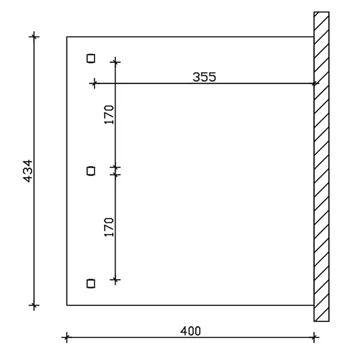 SKAN HOLZ Terrassenüberdachung Andria - B x T: 434 x 400 cm, Eiche hell, Polycarbonat, Transparent - Technische Zeichnung einer rechteckigen Montageplatte mit drei quadratischen Löchern, bemaßt und an einer Wand befestigt.
