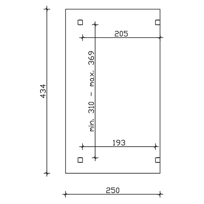 SKAN HOLZ Terrassenüberdachung Sanremo - B x T: 434 x 250 cm, Schiefergrau, Polycarbonat, Transparent - Technische Zeichnung eines rechteckigen Bauteils, 434x250, mit vier Befestigungspunkten und Innenmaßen (205, 193, min 310 - max 369).