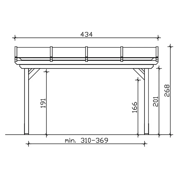 SKAN HOLZ Terrassenüberdachung Sanremo - B x T: 434 x 250 cm, Schiefergrau, Polycarbonat, Transparent - Technische Zeichnung eines Holz-Carport- oder Terrassendachrahmens mit Gesamtbreite 434 und Höhe 268, sowie Innenmaßen.