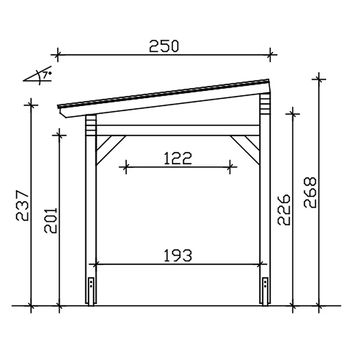 SKAN HOLZ Terrassenüberdachung Sanremo - B x T: 434 x 250 cm, Schiefergrau, Polycarbonat, Transparent - Technische Zeichnung eines hölzernen Anlehnschuppens mit Maßen und 7-Grad-Dachneigung.