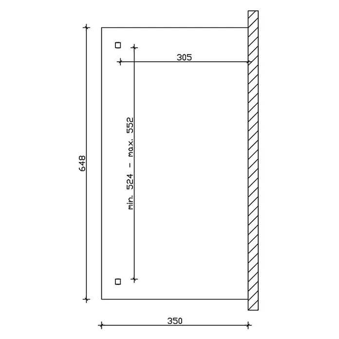 SKAN HOLZ Terrassenüberdachung Ancona - B x T: 648 x 350 cm, Weiß, Polycarbonat, Transparent - Installationsplan mit Maßen für Wandmontage, inklusive verstellbarer Befestigungspunkte.