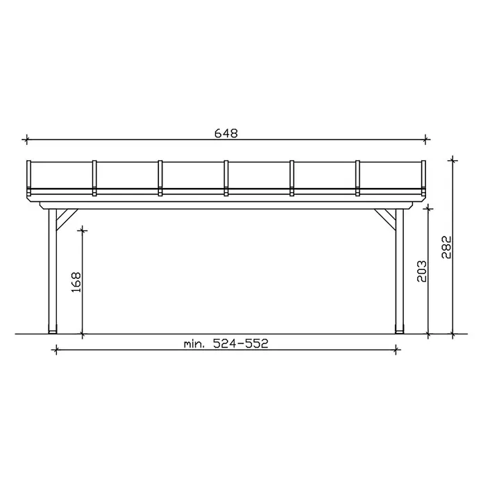 SKAN HOLZ Terrassenüberdachung Ancona - B x T: 648 x 350 cm, Weiß, Polycarbonat, Transparent - Technische Vorderansicht einer erhöhten Struktur mit Geländer und Stützpfosten, mit den Hauptmaßen.