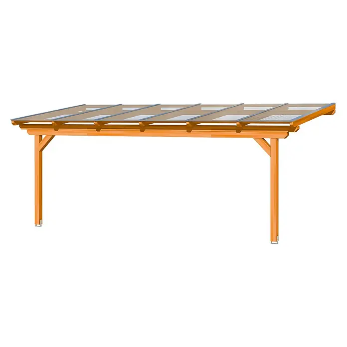 SKAN HOLZ Terrassenüberdachung Ancona - B x T: 648 x 350 cm, Eiche hell, Polycarbonat, Transparent - Hölzerner Anbau-Carport mit transparentem Dach, gestützt von zwei Holzpfosten und Streben.