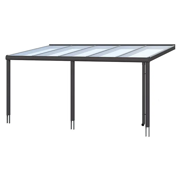 SKAN HOLZ Terrassenüberdachung Garda - B x T: 541 x 257 cm, Anthrazit, Polycarbonat, Transparent - Dunkelgraues Metall-Terrassendach mit lichtdurchlässigem Wellplattendach und drei Stützpfosten, einer mit Fallrohr.