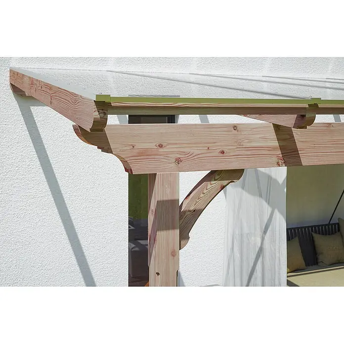 SKAN HOLZ Terrassenüberdachung Ravenna - B x T: 648 x 300 cm, Natur, Polycarbonat, Transparent - Hölzerne Pergola mit transparentem Dach. Mit dekorativen Holzstützen und natürlicher Maserung.