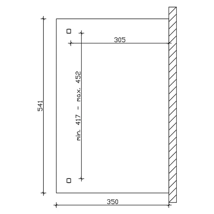 SKAN HOLZ Terrassenüberdachung Ravenna - B x T: 541 x 350 cm, Natur, Polycarbonat, Transparent - Technische Zeichnung mit Maßen und Montagepunkten für eine rechteckige Platte, Gesamtgröße (541x350) und einstellbarer Lochabstand.