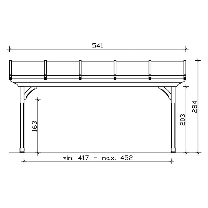 SKAN HOLZ Terrassenüberdachung Ravenna - B x T: 541 x 350 cm, Natur, Polycarbonat, Transparent - Technische Zeichnung einer kleinen Pergola oder eines Balkons mit Hauptmaßen, inklusive Gesamtlänge, Höhe und einstellbarem Pfostenabstand.