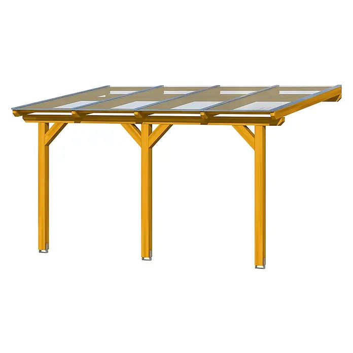 SKAN HOLZ Terrassenüberdachung Andria - B x T: 434 x 350 cm, Eiche hell, Polycarbonat, Transparent - Holzpergola mit transparentem Dach, getragen von robusten Holzpfosten.