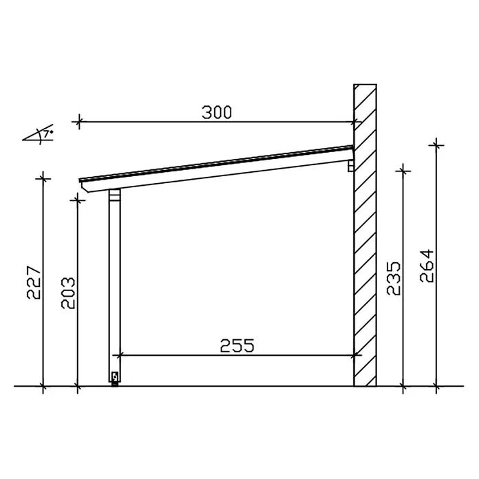 SKAN HOLZ Terrassenüberdachung Bormio - B x T: 541 x 300 cm, Eiche hell, Polycarbonat, Transparent - Seitenansicht eines Pultdachs mit Stützpfosten, Maßen und 7-Grad-Neigung.
