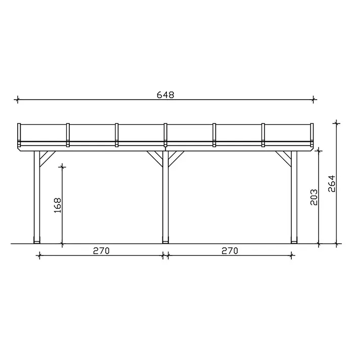 SKAN HOLZ Terrassenüberdachung Andria - B x T: 648 x 300 cm, Anthrazit, Polycarbonat, Transparent - Technische Zeichnung einer erhöhten Holzterrasse mit Geländer, gestützt von Pfosten. Mit Maßen.