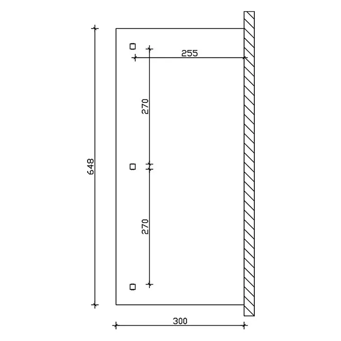 SKAN HOLZ Terrassenüberdachung Andria - B x T: 648 x 300 cm, Anthrazit, Polycarbonat, Transparent - Montagezeichnung für ein 300x648mm Rechteckpaneel mit drei quadratischen Befestigungslöchern und Maßen.
