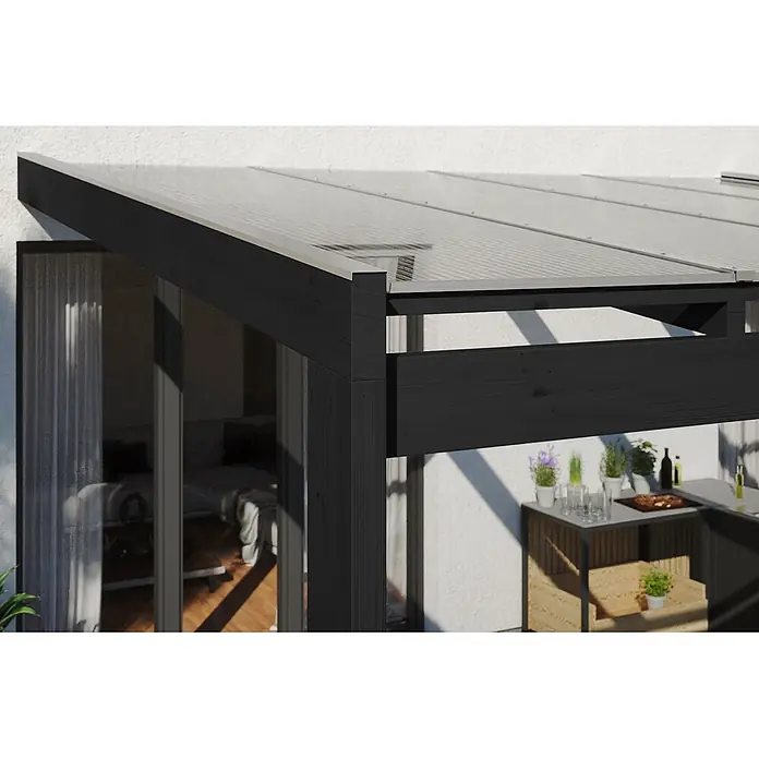 SKAN HOLZ Terrassenüberdachung Novara - B x T: 557 x 259 cm, Anthrazit, Polycarbonat, Transparent - Schwarzes Holz-Terrassendach mit klarer Wellplattenbedachung für modernen Wetterschutz.