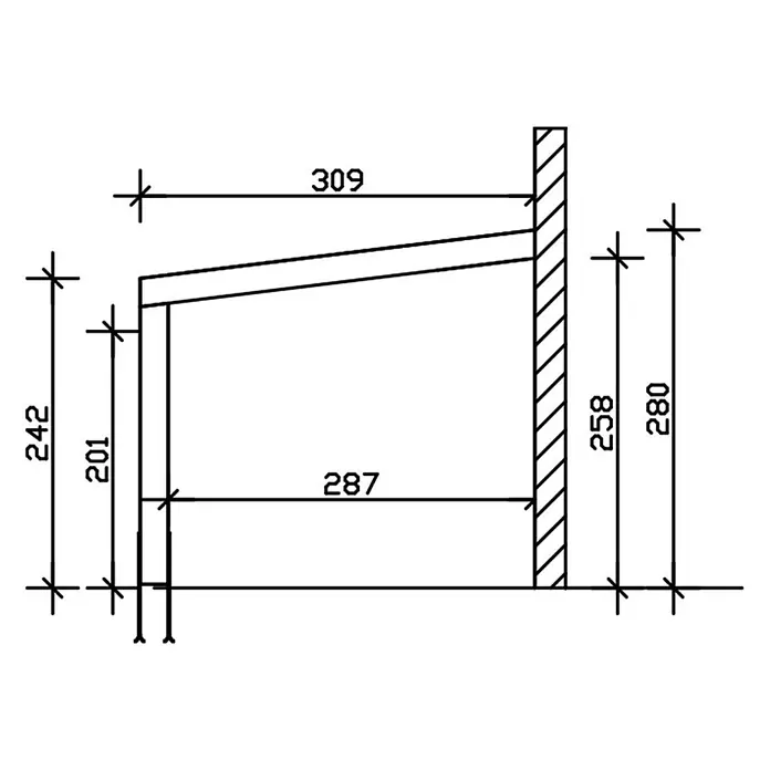 SKAN HOLZ Terrassenüberdachung Novara - B x T: 557 x 309 cm, Anthrazit, Polycarbonat, Transparent - Bemaßte technische Zeichnung einer Konsole/Ablage, mit Höhen 242, 280 und Längen 309, 287.