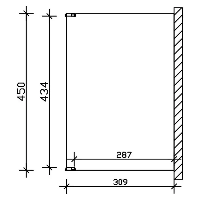SKAN HOLZ Terrassenüberdachung Novara - B x T: 450 x 309 cm, Anthrazit, Polycarbonat, Transparent - Technische Zeichnung eines Schrankseitenprofils mit Maßen: Höhe 450, Tiefe 309, Innenhöhe 434, Regalbodentiefe 287.