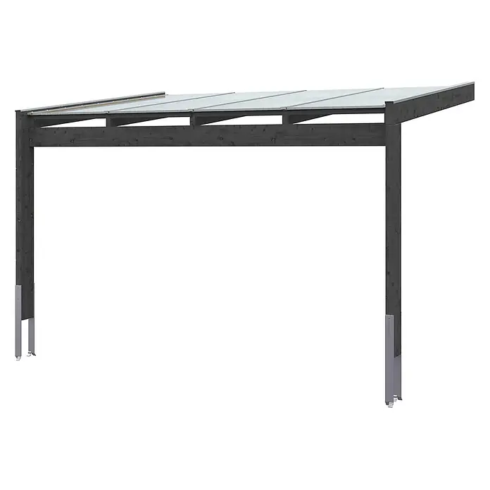 SKAN HOLZ Terrassenüberdachung Novara - B x T: 450 x 309 cm, Anthrazit, Polycarbonat, Transparent - Dunkelgraues Holzcarport mit lichtdurchlässigem Dach und Metallpfostenfüßen.