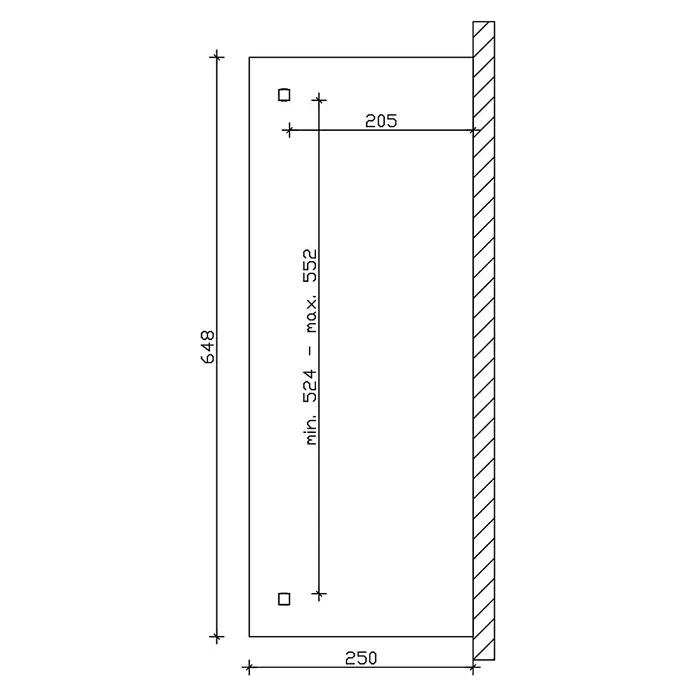 SKAN HOLZ Terrassenüberdachung Ravenna - B x T: 648 x 250 cm, Nussbaum, Polycarbonat, Transparent - Technische Zeichnung zur Produktmontage mit zwei quadratischen Befestigungspunkten: 205mm vom linken Rand, 524-552mm vertikaler Abstand.