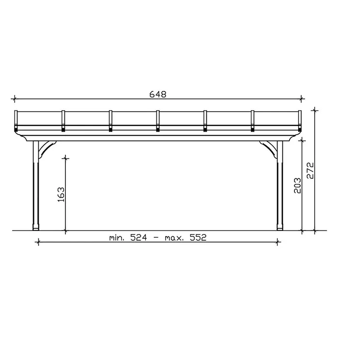 SKAN HOLZ Terrassenüberdachung Ravenna - B x T: 648 x 250 cm, Nussbaum, Polycarbonat, Transparent - Technische Zeichnung einer Pergola-Vorderansicht. Zeigt Gesamtbreite 648, Gesamthöhe 272 und verstellbaren Pfostenabstand 524-552.
