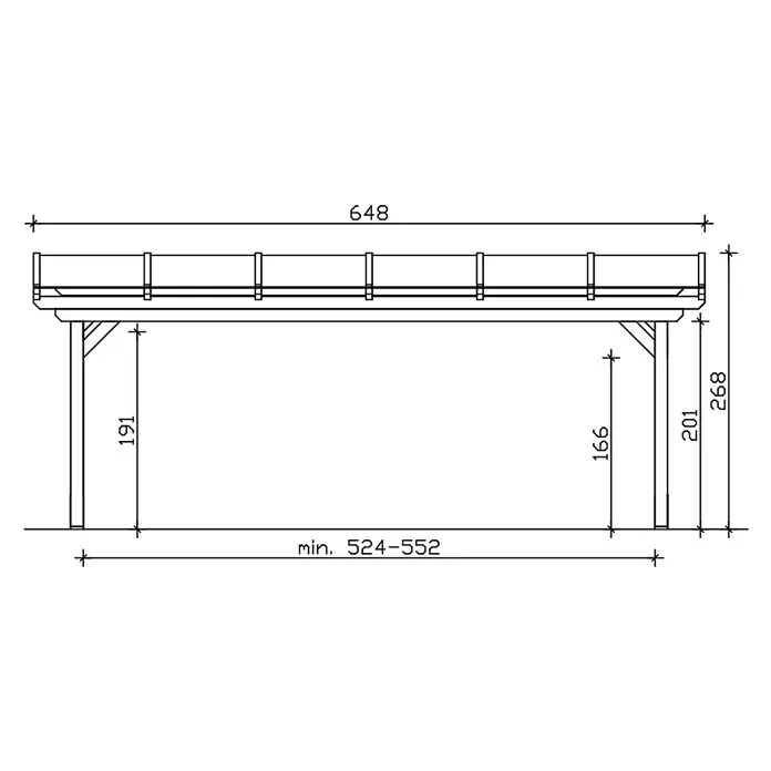 SKAN HOLZ Terrassenüberdachung Sanremo - B x T: 648 x 250 cm, Weiß, Polycarbonat, Transparent - Technische Zeichnung einer Holzkonstruktion, Vorderansicht mit Bemaßungen.