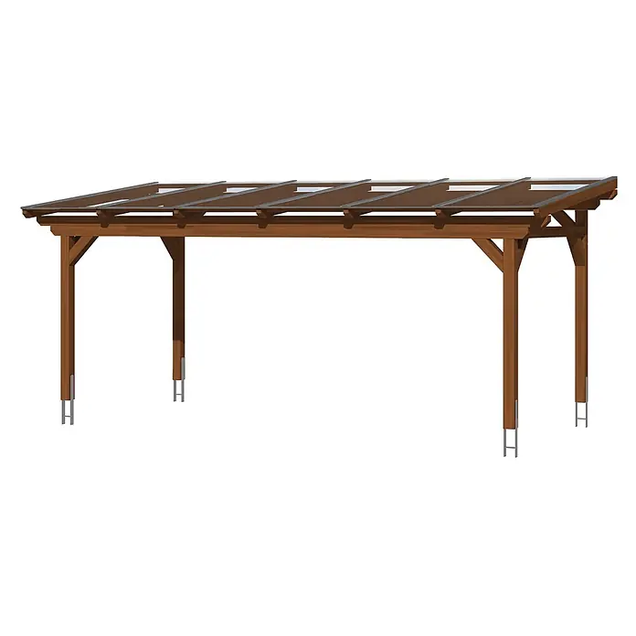 SKAN HOLZ Terrassenüberdachung Sanremo - B x T: 648 x 250 cm, Nussbaum, Polycarbonat, Transparent - Braune Holzpergola mit durchscheinendem Plattendach, gestützt von Pfosten mit Metallankern.